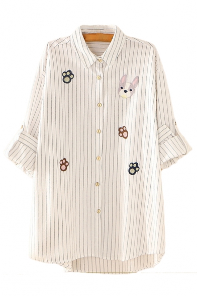 Dog Pow Embroidered Striped Printed Lapel Collar Long Sleeve Button Front Leisure Shirt