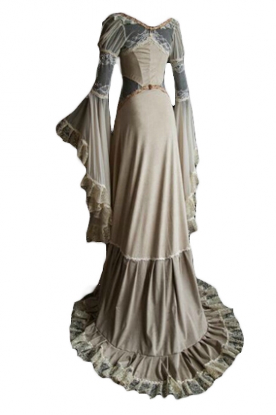 Elegant Sheer Lace Patched V Neck Long Sleeve Maxi A-Line Dress