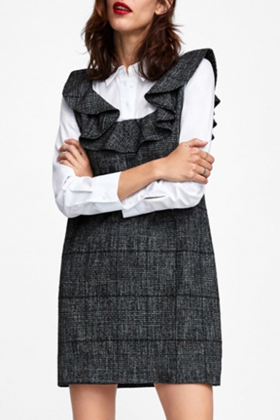 Fake Two Pieces Lapel Collar Shirt-Style Long Sleeve Plaid Patchwork Ruffle Detail Mini A-Line Dress