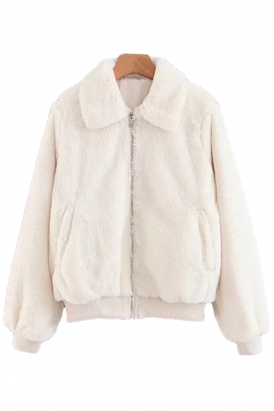 Faux Fur Lapel Collar Long Sleeve Zip Closure Cropped Jacket