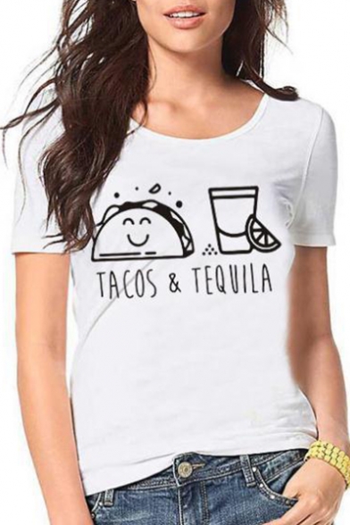 Food Letter Printed Round Neck Short Sleeve Graphic Tee