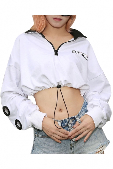 Letter Print Hollow Out Circle Embellished Long Sleeve Stand Collar Cropped Half-Zip Sweatshirt
