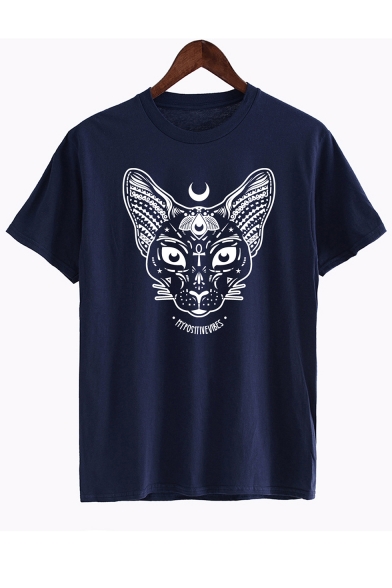 Moon Cat Letter Printed Round Neck Short Sleeve T-Shirt