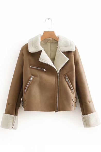 Notched Lapel Collar Offset Zip Placket Long Sleeve Cropped Fur Lining Leather Jacket