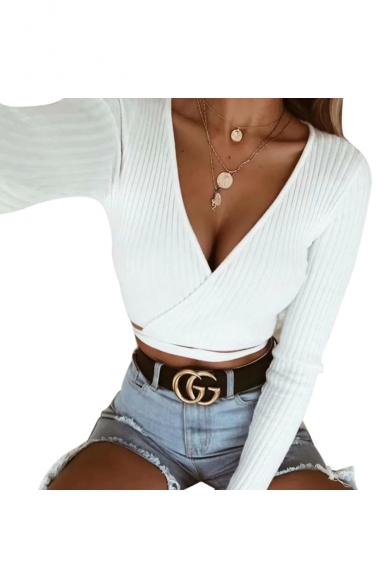 Plain V Neck Long Sleeve Wrap Front Ribbed Cropped Sexy Tee
