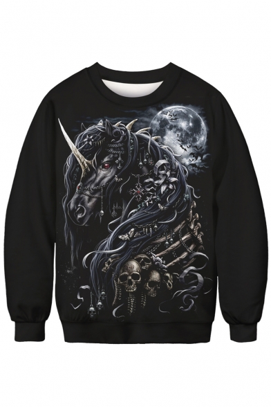 Skull Unicorn Moon Print Round Neck Long Sleeve Pullover Sweatshirt