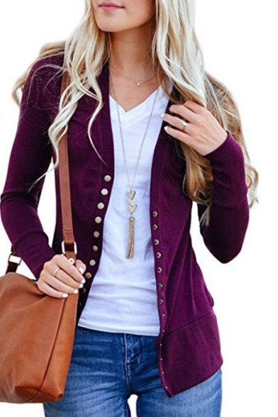 

Snap Button Closure V Neck Long Sleeve Plain Slim Cardigan, Black;blue;brown;burgundy;green;pink;white;beige;purple;yellow;dark gray, LC482658