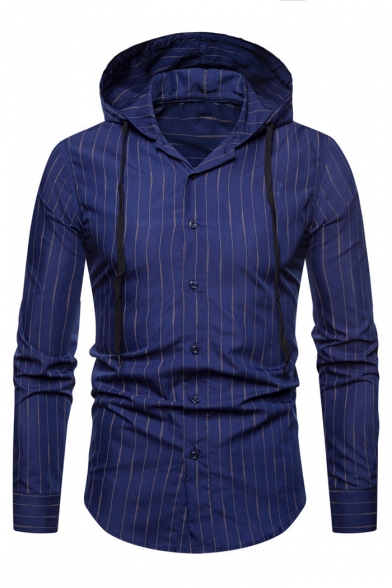 Striped Long Sleeve Button Front Slim Hooded Shirt