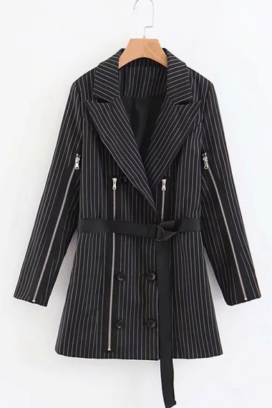 Trendy Peak Notched Lapel Collar Striped Double Breasted Zipper Embellished Tunic Blazer