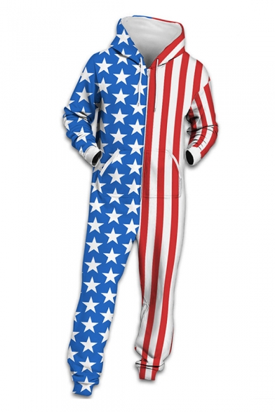 American Flag Contrast Star Striped Printed Long Sleeve Loose Hooded Jumpsuit