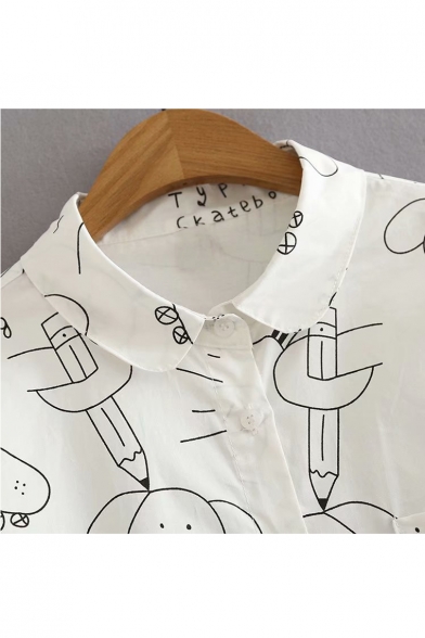 Cartoon Dog Letter All Over Print Lapel Collar Long Sleeve Button Front Shirt