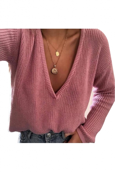 Chic V Neck Long Sleeve Plain Leisure Sweater