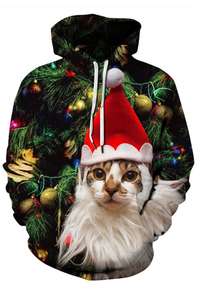 Christmas Series Cat Printed Long Sleeve Unisex Hoodie
