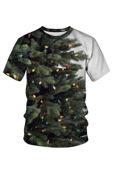 Color Block Christmas Tree Printed Round Neck Short Sleeve T-Shirt