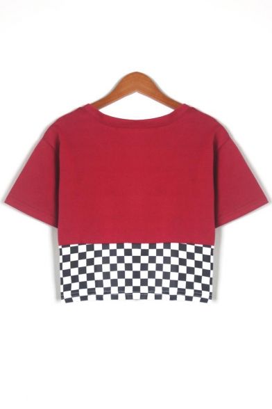 Contrast Check Print Round Neck Short Sleeve Cropped T-Shirt