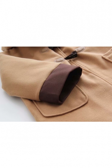 Contrast Cuffs Long Sleeve Double Button Hooded Woolen Coat