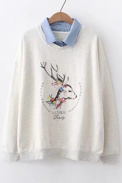 Contrast Lapel Collar Deer Letter Printed Long Sleeve Sweatshirt