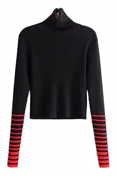 Contrast Striped Long Sleeve High Neck Slim Cropped Sweater