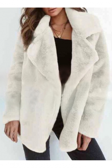 Faux Fur Notched Lapel Collar Plain Long Sleeve Open Front Winter Coat