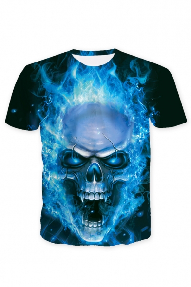 Fire Skull Print Round Neck Short Sleeve T-Shirt