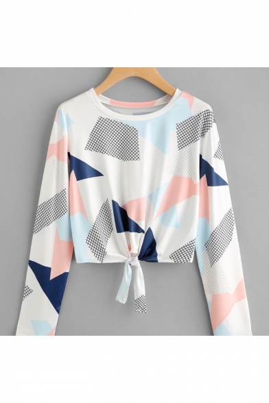 Geometric All Over Print Round Neck Long Sleeve Knotted Hem Cropped Tee