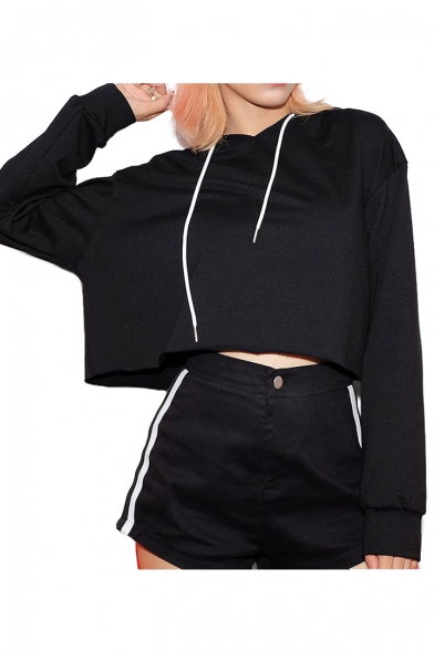 Letter Embroidered Back Long Sleeve Cropped Hoodie