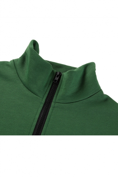 Letter Embroidered Zipper Front Long Sleeve Elastic Hem Cropped Sweatshirt