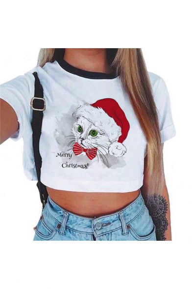 MERRY CHRISTMAS Letter Cat Printed Contrast Round Neck Short Sleeve Cropped T-Shirt