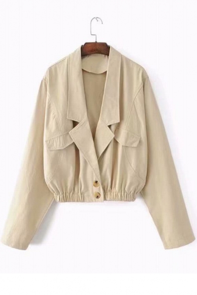 Notched Lapel Collar Long Sleeve Plain Elastic Hem Button Front Loose Jacket
