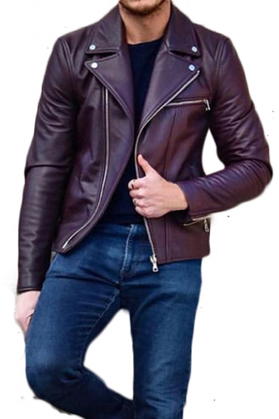 Notched Lapel Collar Long Sleeve Plain Zip Front Cropped Leather Jacket