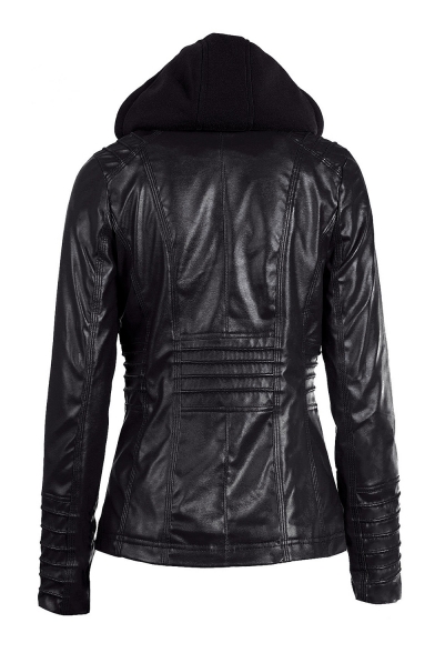 Patchwork Hood Zip Closure Long Sleeve Cool Leather Hooded Jacket