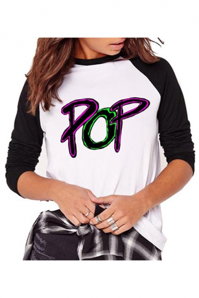 POP Letter Color Block Raglan Long Sleeve T-Shirt