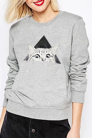 Triangle Cat Printed Round Neck Long Sleeve Sweatshirt