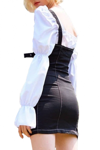 Chic Plain Straps Sleeveless Zipper Front Mini Overall Dress