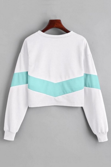 Chic Round Neck Color Block Long Sleeve Cropped Sweatshirt