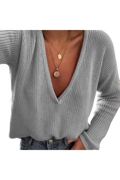 Chic V Neck Long Sleeve Plain Leisure Sweater