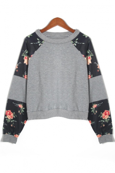 Contrast Floral Printed Round Neck Long Sleeve Casual Sweatshirt