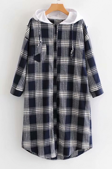 Contrast Hood Plaid Long Sleeve Button Front Tunic Hooded Coat