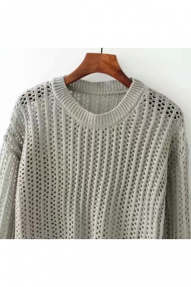 Contrast Striped Flare Long Sleeve Hollow Out Round Neck Casual Sweater