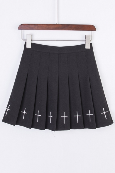 

Cross Embroidered High Waist Chic Mini Pleated Skirt, LC482849, Black;white