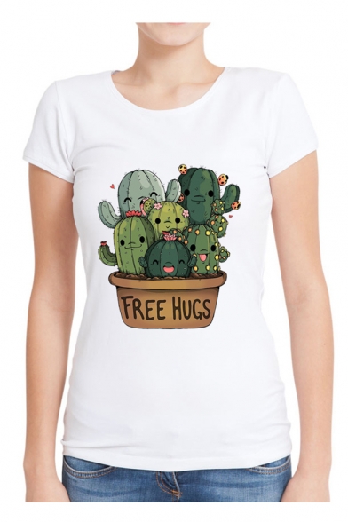 FREE HUGS Letter Cactus Printed Round Neck Short Sleeve T-Shirt