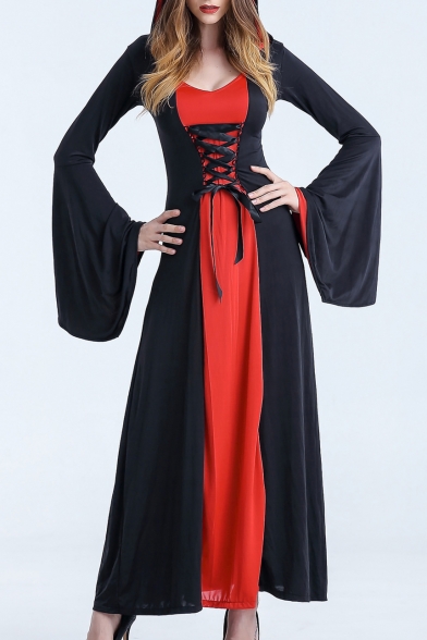 Halloween Cosplay Color Block Lace Up Detail Long Sleeve Maxi Hooded Dress