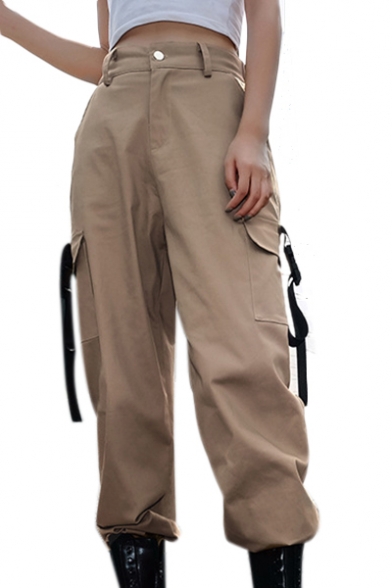 High Waist Straps Embellished Plain Elastic Cuff Cargo Pants