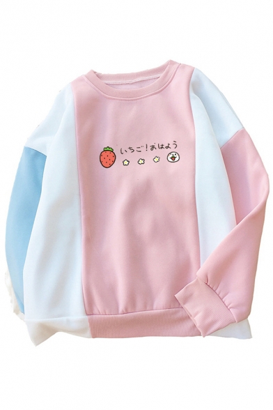 Japanese Strawberry Printed Color Block Round Neck Long Sleeve Sweatshirt