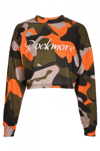 Letter Camouflage Printed Round Neck Long Sleeve Cropped Sweatshirt