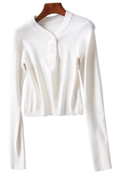 Plain Slim V Neck Button Front Long Sleeve Crop T-Shirt