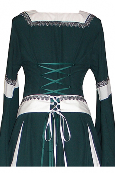 Square Neck Flare Sleeve Color Block Patchwork Vintage Maxi A-Line Dress