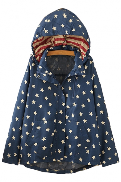 Star All Over Printed Zip Up Long Sleeve Hooded Jacket