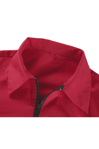 Unique Color Block Zipper Front Lapel Collar Long Sleeve Elastic Waist Cargo Jumpsuit