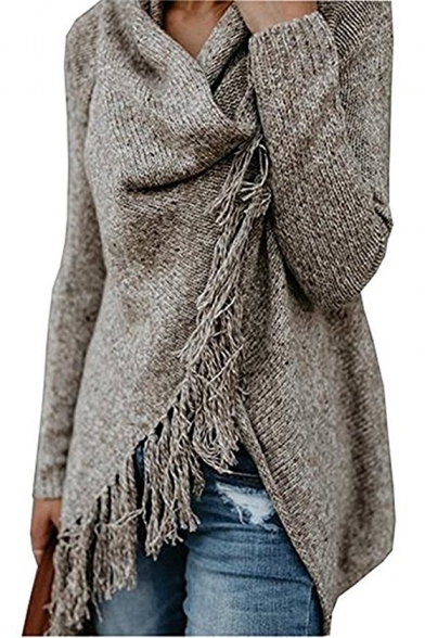 V Neck Long Sleeve Plain Tassel Detail Asymmetric Hem Casual Sweater